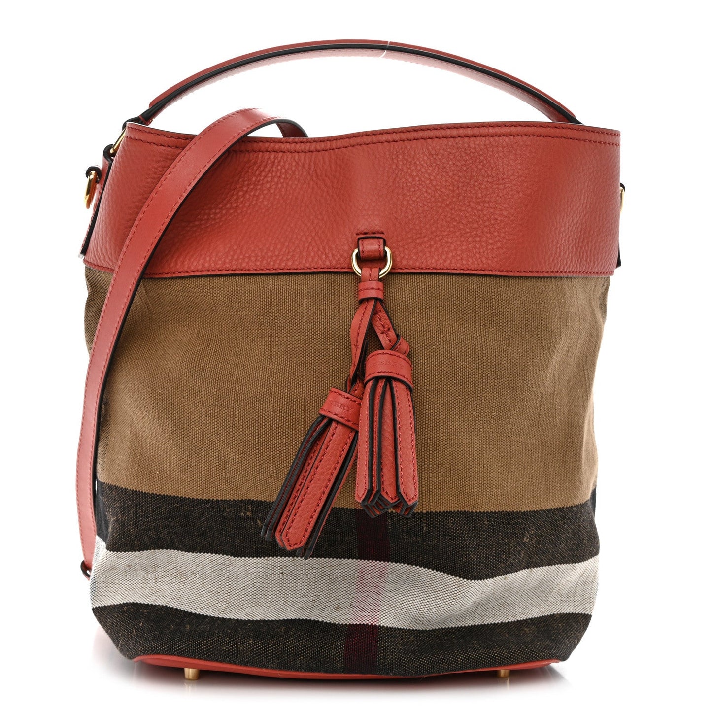 CONSIGNMENT BURBERRY Canvas Mega Check Medium Ashby Tassel Hobo Cinnamon Red