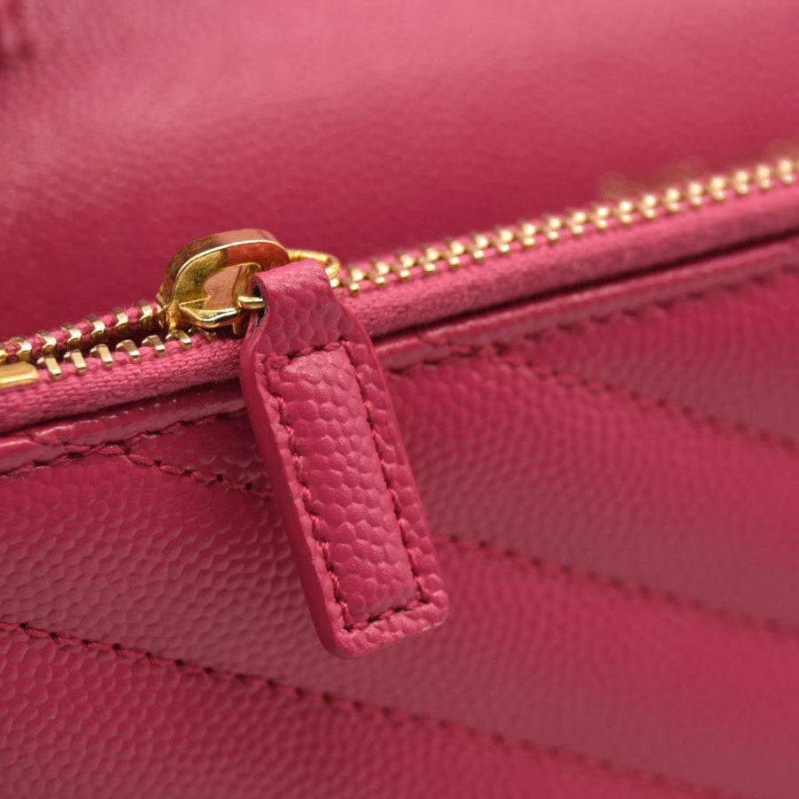 SAINT LAURENT Grain De Poudre Matelasse Chevron Monogram Chain Wallet Hot Pink