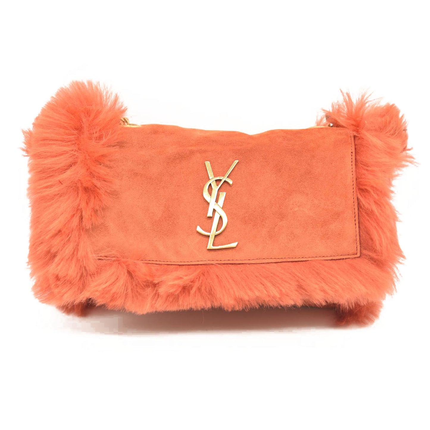 Saint Laurent Suede Fur Small Reversible Monogram Kate Satchel Pavot Rouge