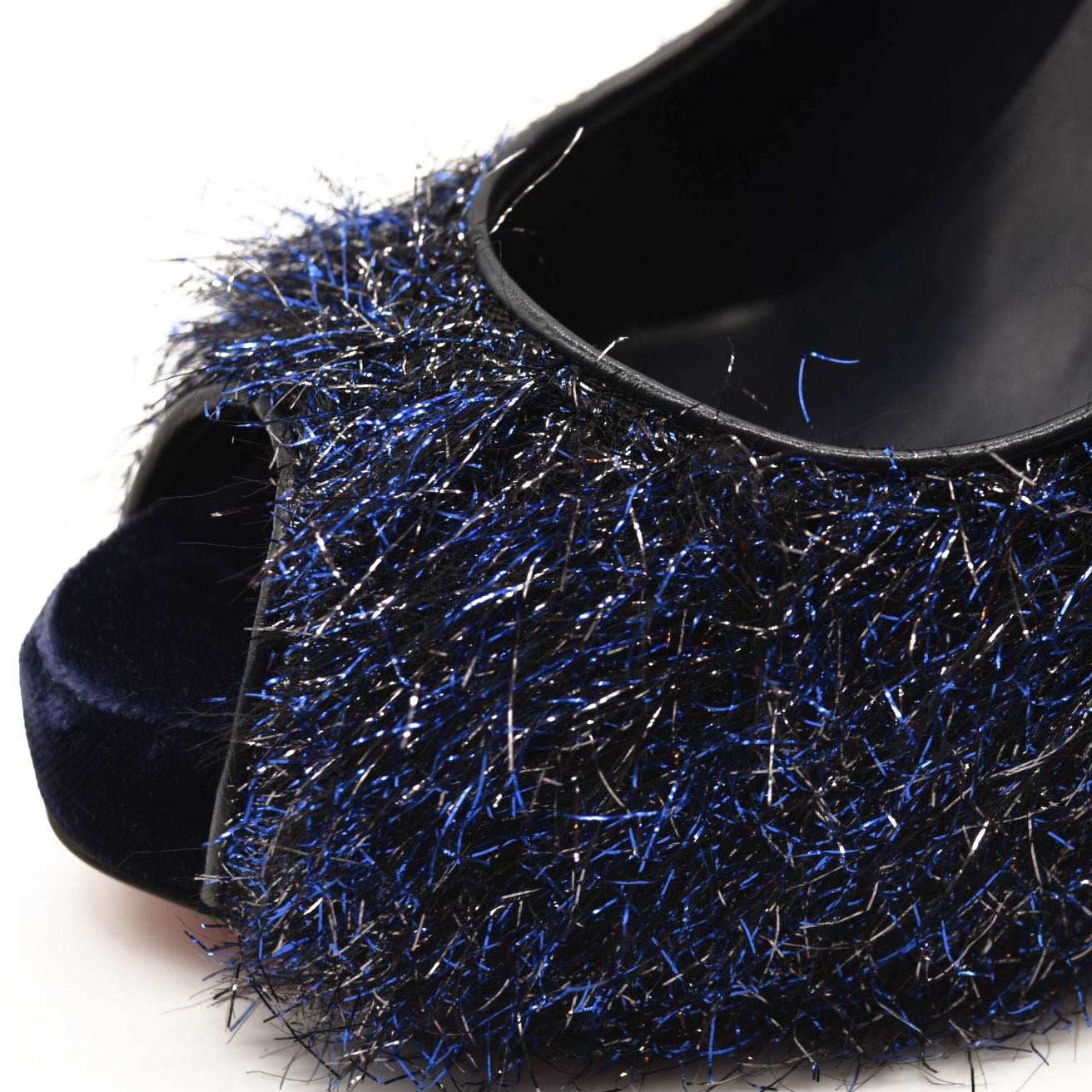 Christian Louboutin Very Prive 120 Peep Toe Blue Glitter Metallic Threads Pump Shoe 8 US