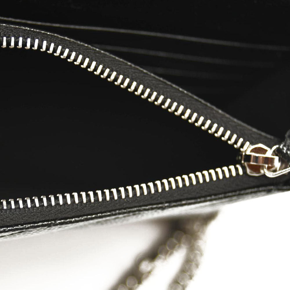 YSL SAINT LAURENT Grain De Poudre Matelasse Chevron Monogram Chain Wallet Black Silver