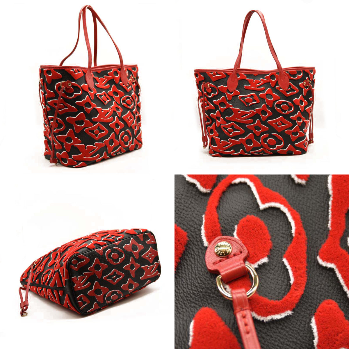 LOUIS VUITTON X UF Tufted Monogram Neverfull MM Black Red with pouch