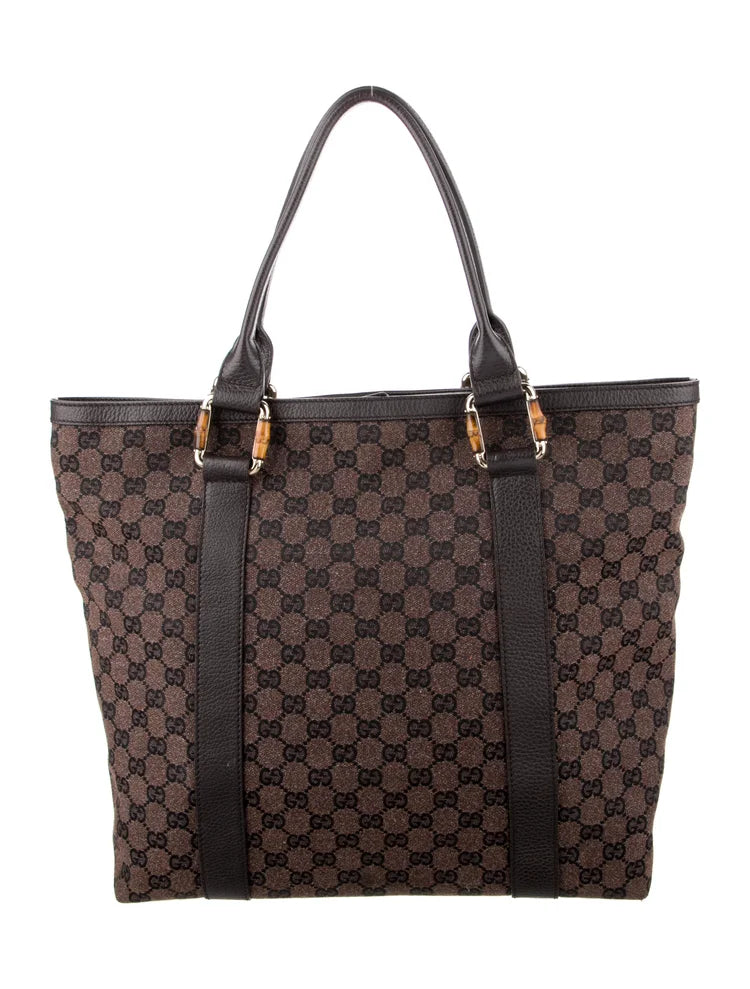 $1450 GUCCI GG Canvas Bamboo Ring Handle Tote Bag Brown CONSIGNMENT