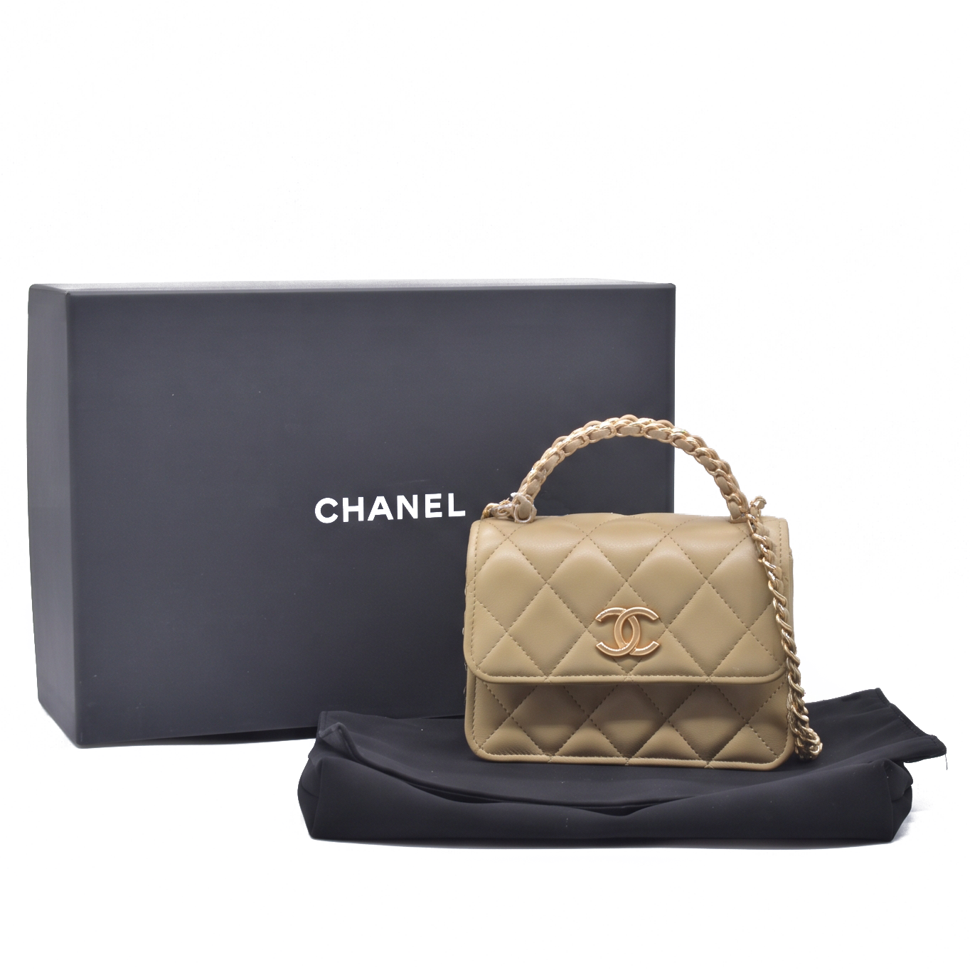 $3450 2021 Chanel Lambskin Quilted Chain Top Handle Clutch With