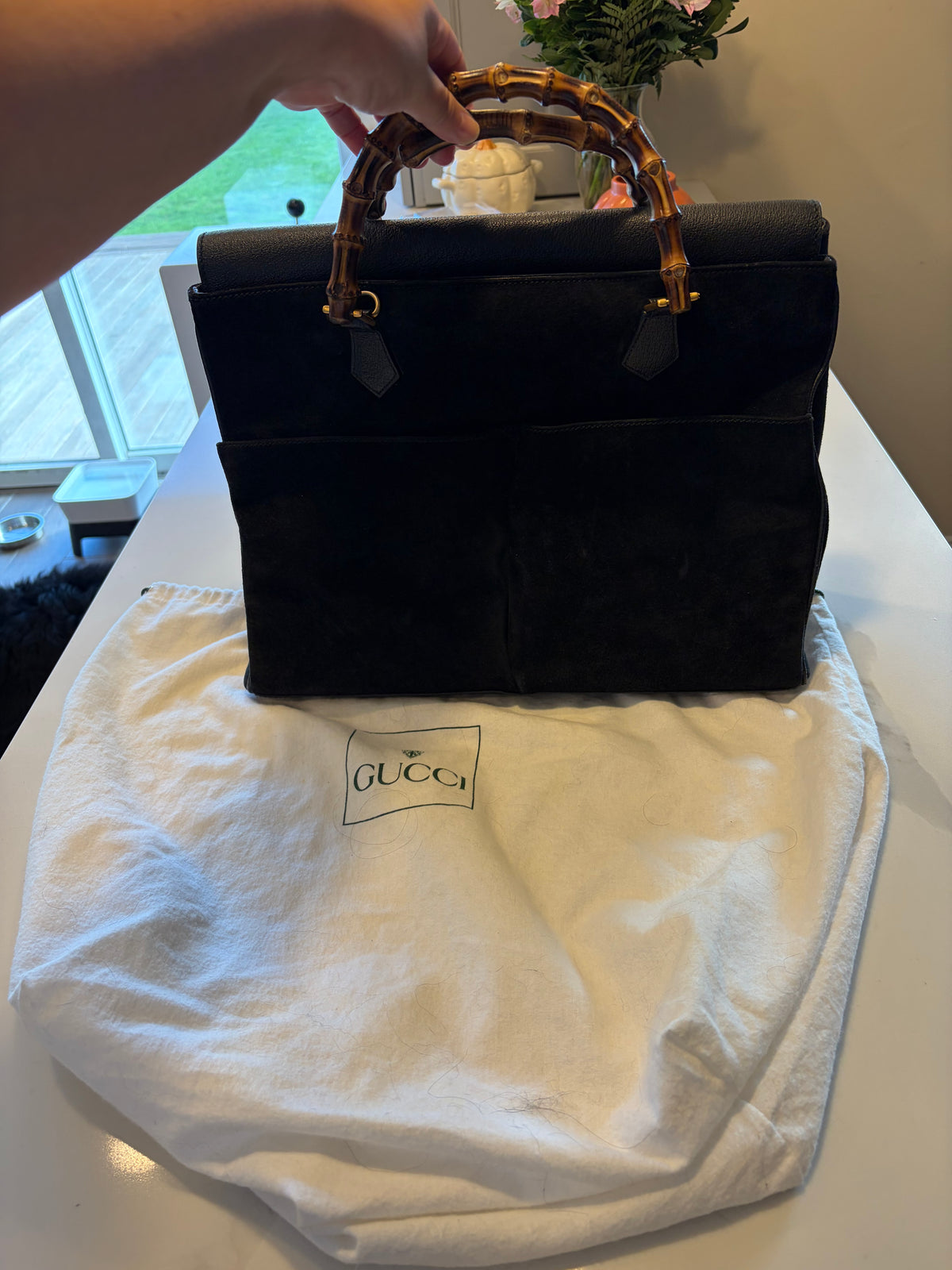 $850 GUCCI Vintage Black Suede Leather Bamboo Top Handle Bag CONSIGNMENT 10021506