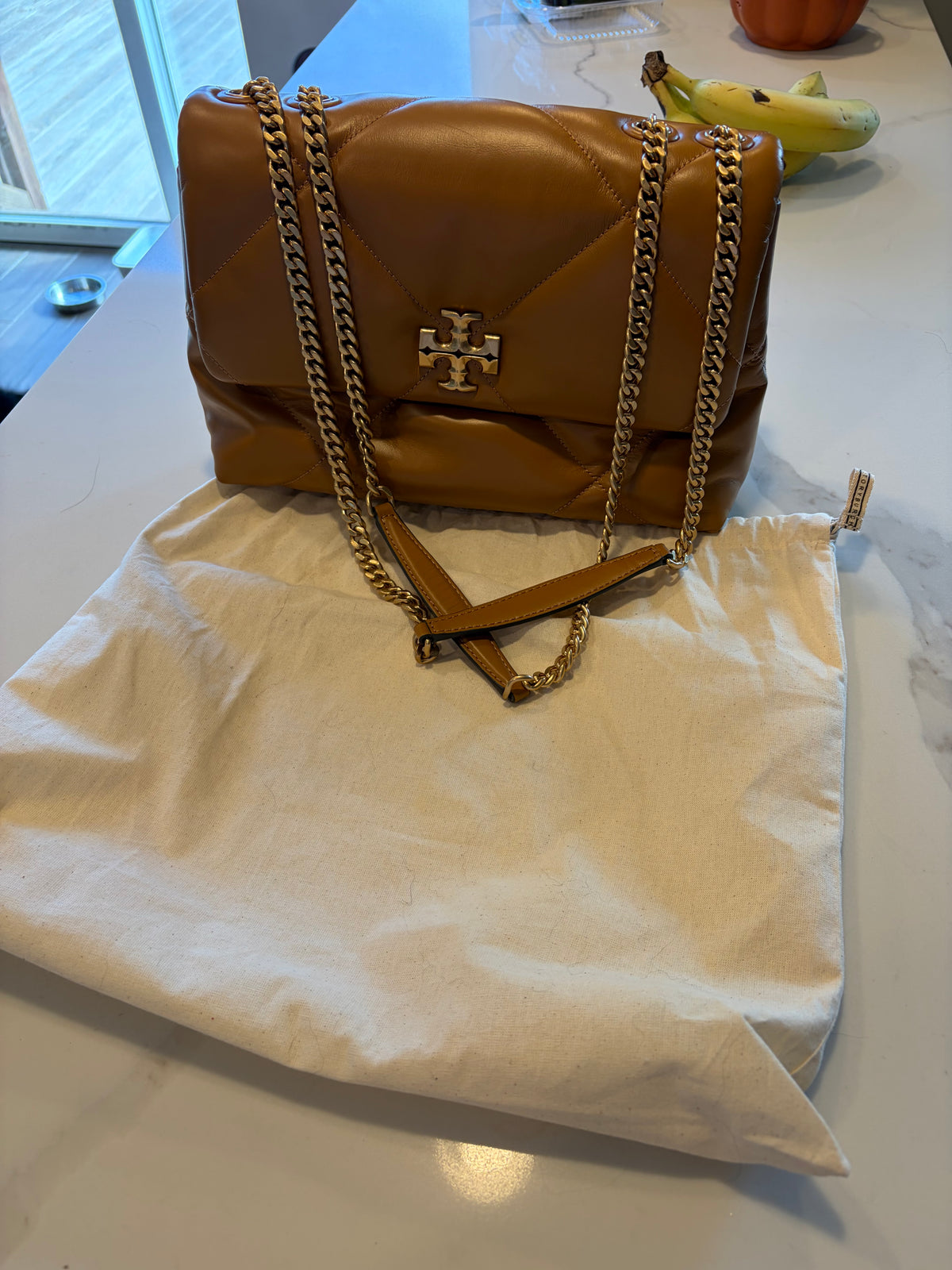 $380 TORY BURCH Padded Leather Quilted Chain Shoulder Bag Brown CONSIGNMENT 10021508
