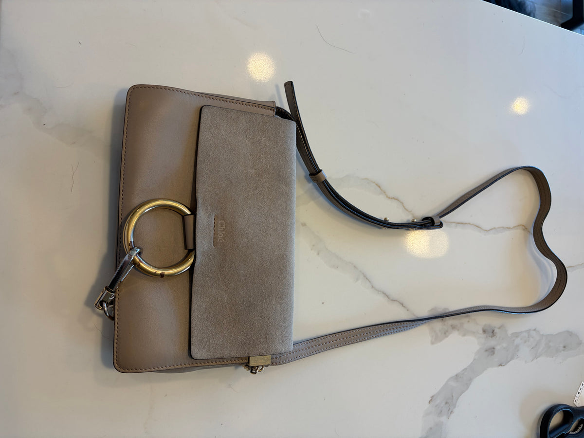 $680 CHLOE Faye Medium Suede Leather Shoulder Bag Taupe CONSIGNMENT 10021511