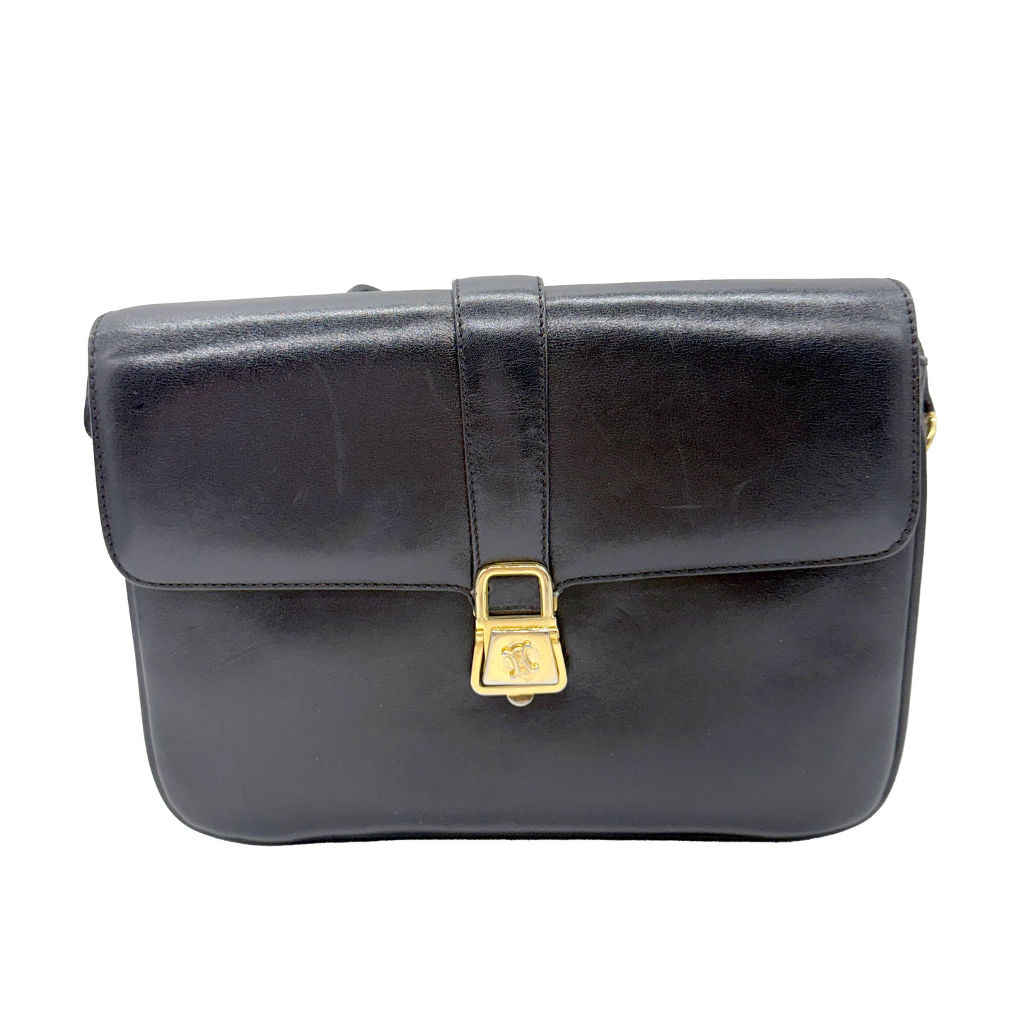CONSIGNMENT CELINE Vintage Calf Leather Shoulder Bag Black Rare Horsebit Gold Hardware