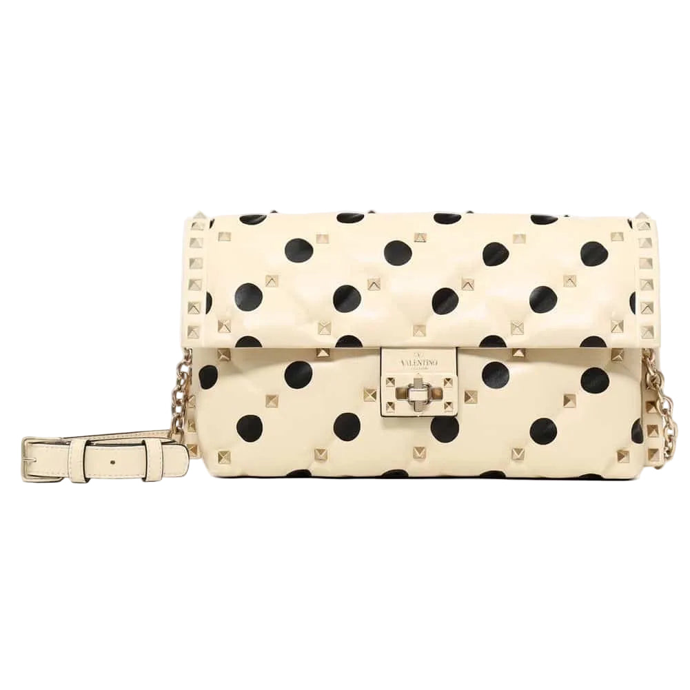 $2995 VALENTINO Lambskin Polka Dot Rockstud Candystud Shoulder Bag Light Ivory CONSIGNMENT 10021273