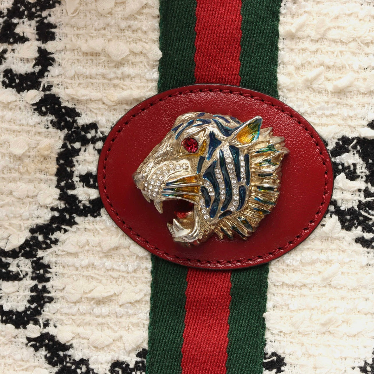 Gucci Tweed GG Monogram Large Rajah Chain Tote White Black Romantic Cherry