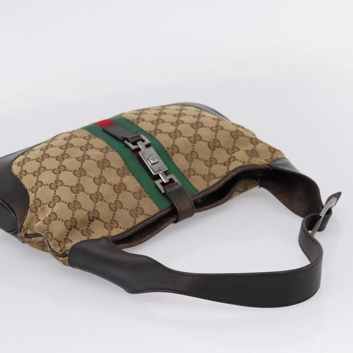 $1400 Gucci Web Jackie Leather and Canvas Supreme Hobo