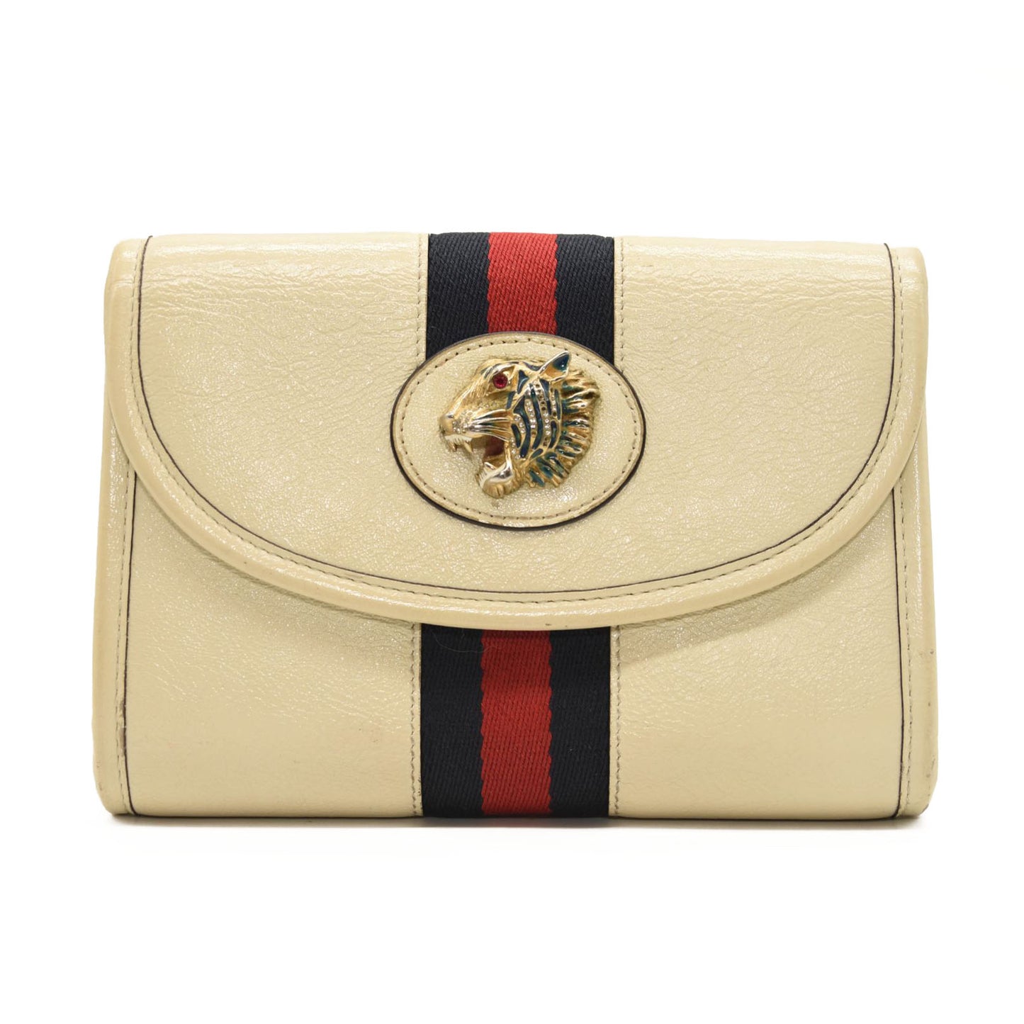 $1200 GUCCI Textured Calfskin Web Mini Rajah Slim Flap Shoulder Bag Mystic White