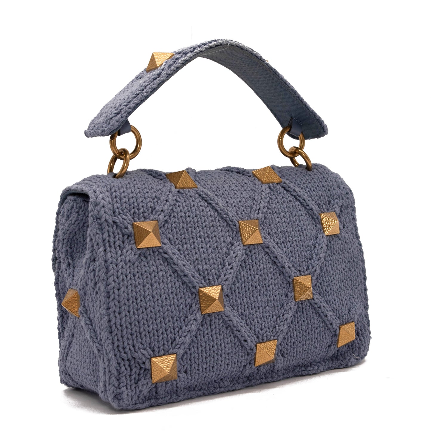 NEW Valentino Roman Stud Knit Cotton Shoulder Bag Blue Chain