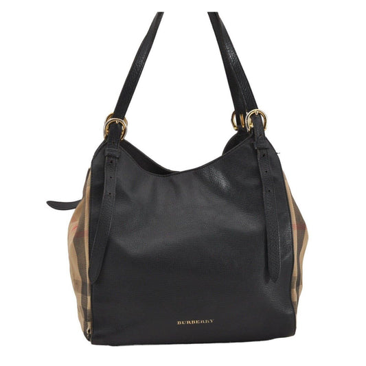 BURBERRY Nova Check Shoulder Tote Bag Leather Canvas Black Beige
