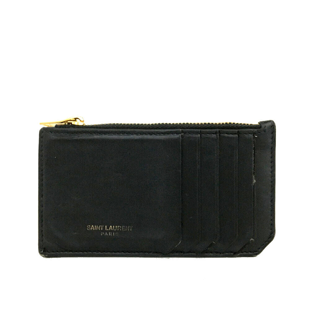 SAINT LAURENT Grained Calfskin 5 Fragments Zip Pouch Card Holder Black