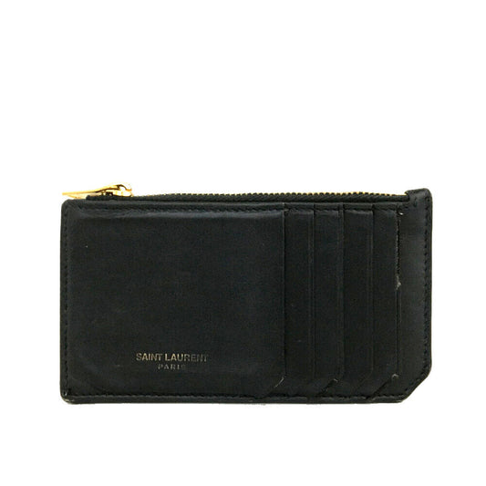 SAINT LAURENT Grained Calfskin 5 Fragments Zip Pouch Card Holder Black