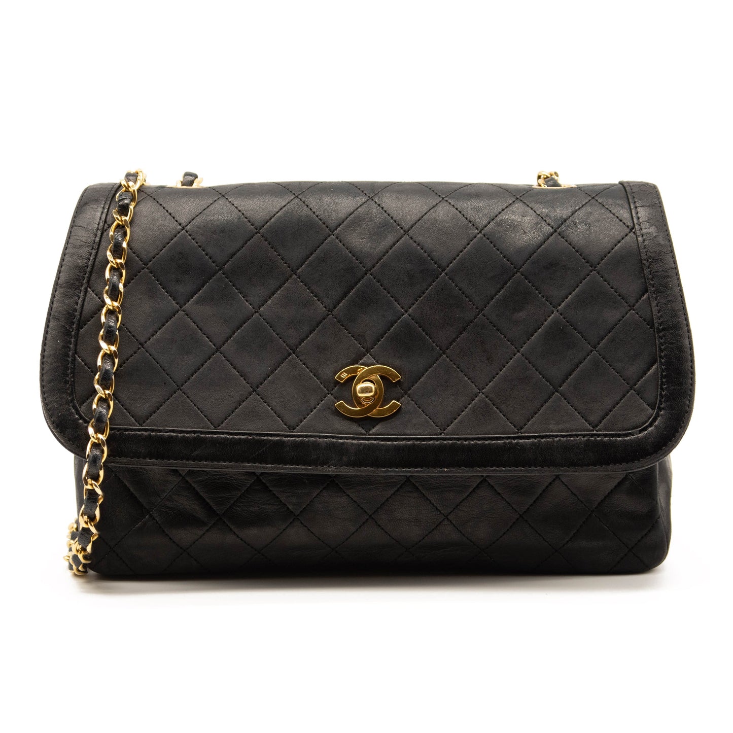 Used Chanel Vintage Large Quilted Flap Bag Black Gold Shoulder Bag Crossbody