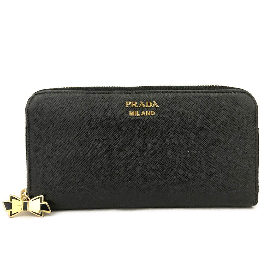 USED PRADA Saffiano Zip Around Wallet Black with Bow