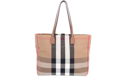 Burberry London Tote Shopper Check Beige Textile Brown Leather Last one