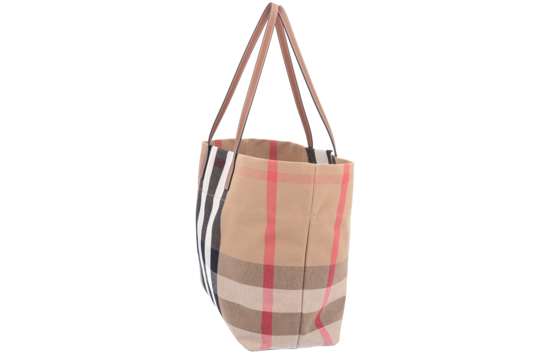 Burberry London Tote Shopper Check Beige Textile Brown Leather Last one