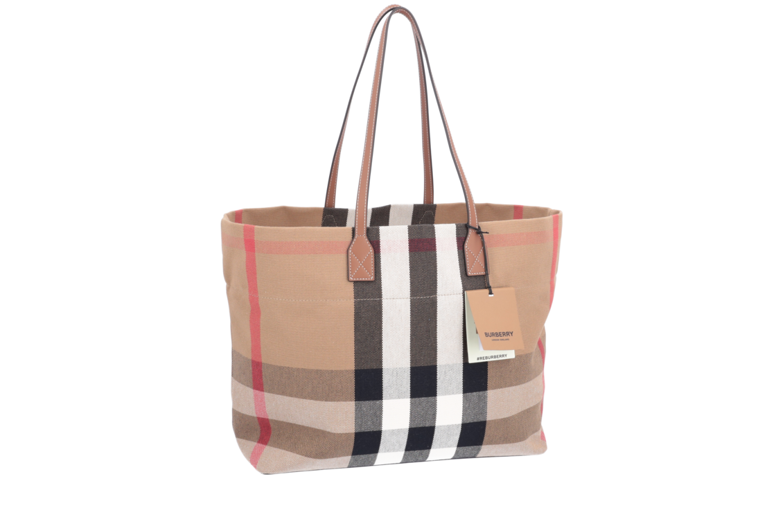 Burberry London Tote Shopper Check Beige Textile Brown Leather Last one