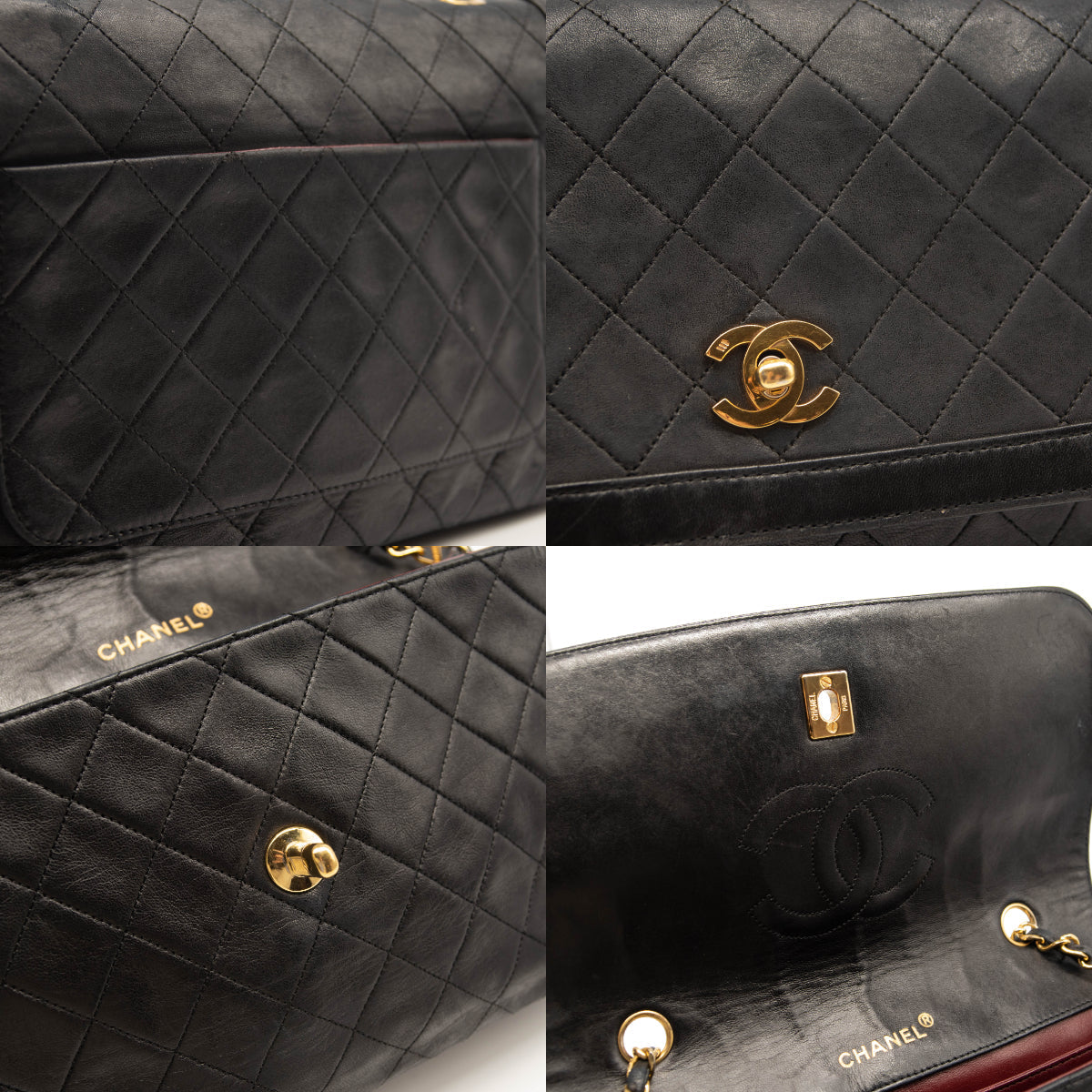 Used Chanel Vintage Large Quilted Flap Bag Black Gold Shoulder Bag Crossbody