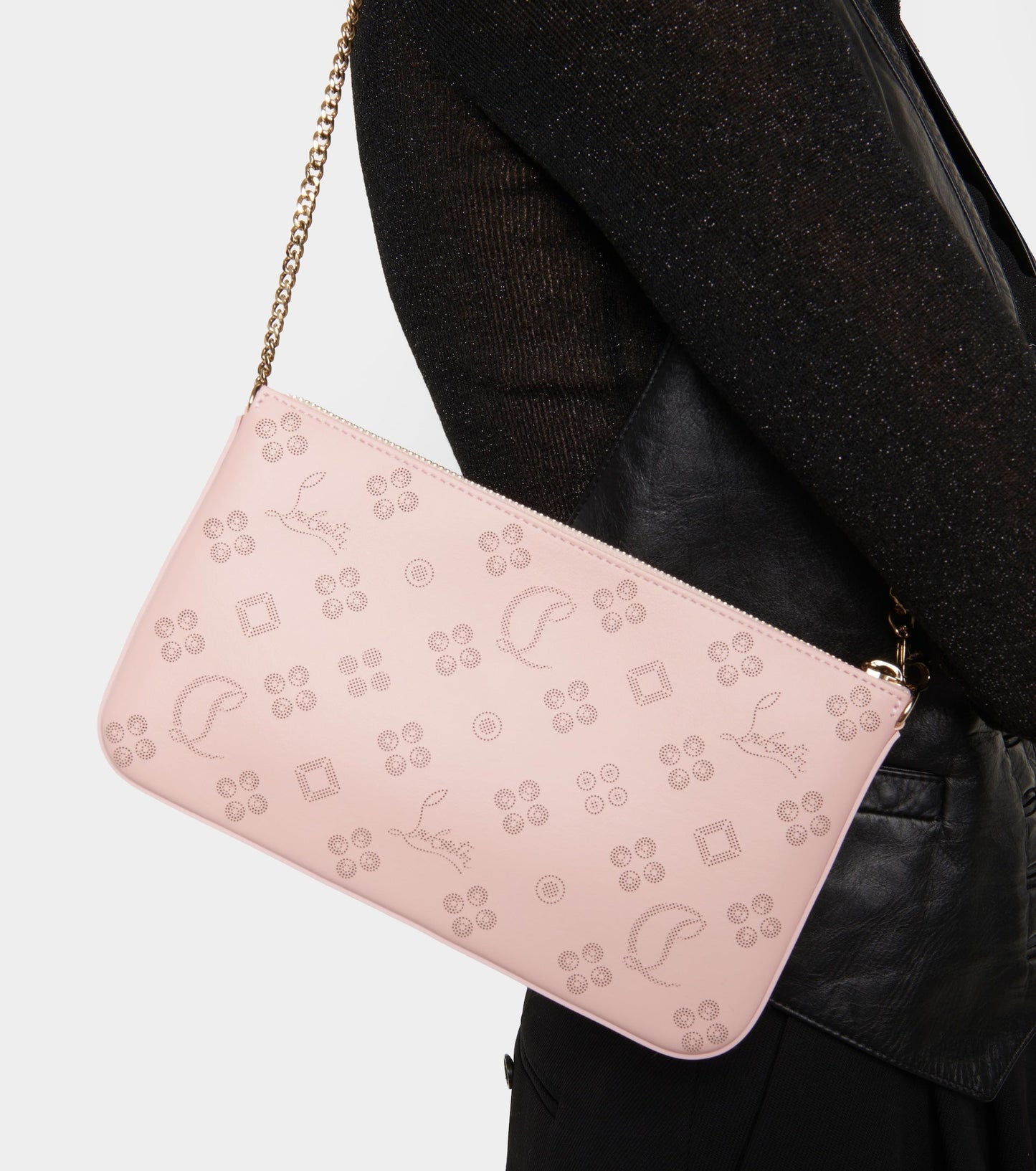 NEW Christian Louboutin Loubila Loubinthesky Laser Perforated Leather Pouch Pink