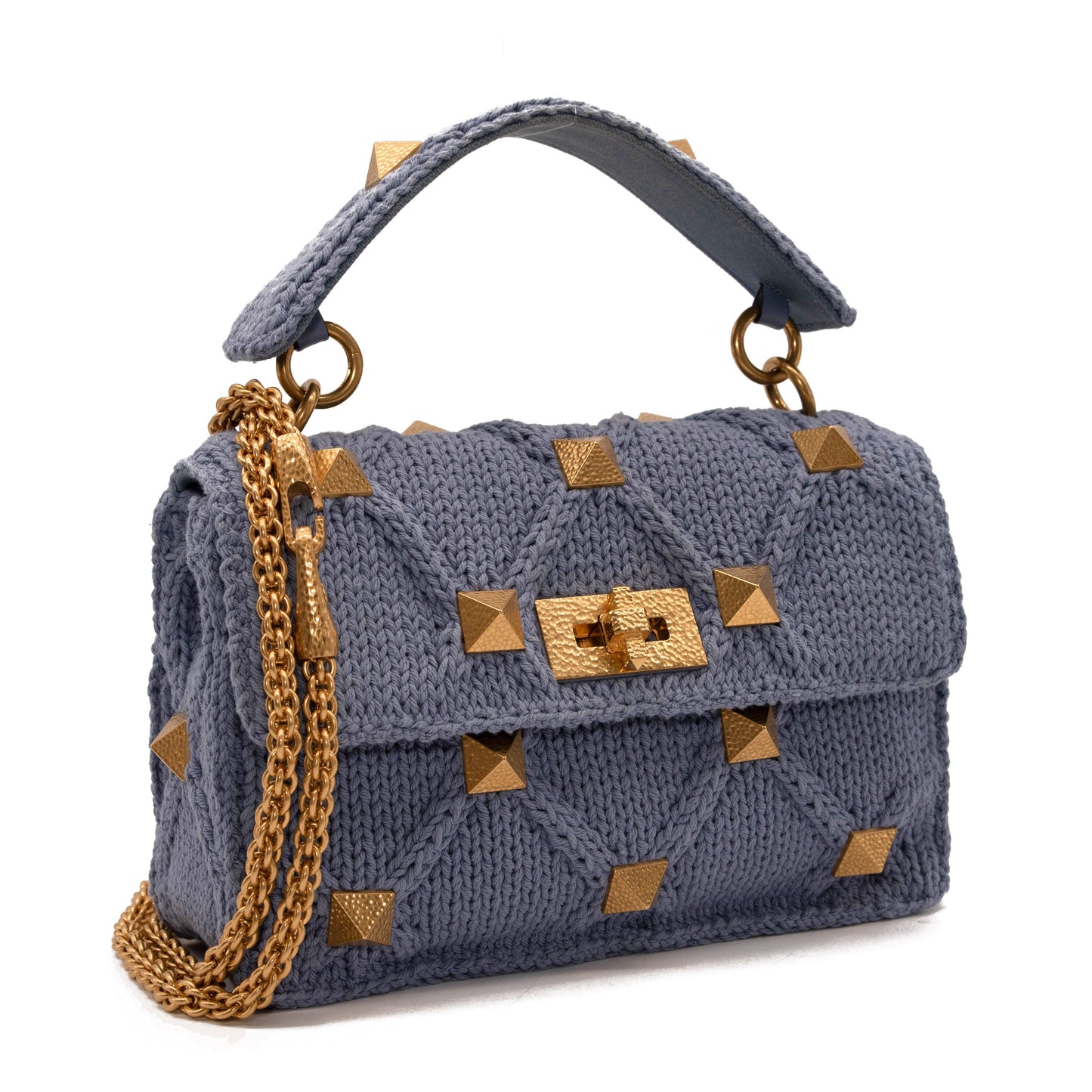 NEW Valentino Roman Stud Knit Cotton Shoulder Bag Blue Chain