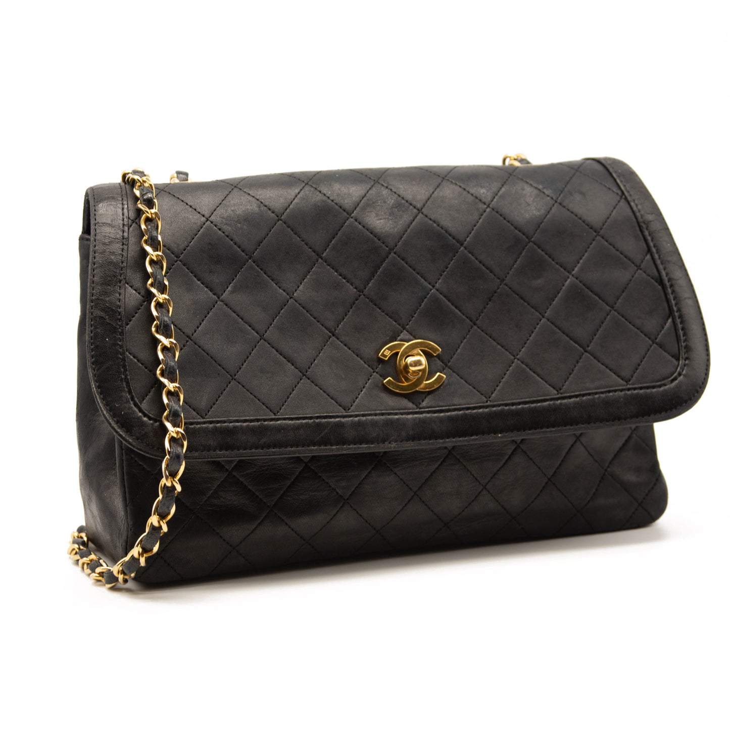 Used Chanel Vintage Large Quilted Flap Bag Black Gold Shoulder Bag Crossbody