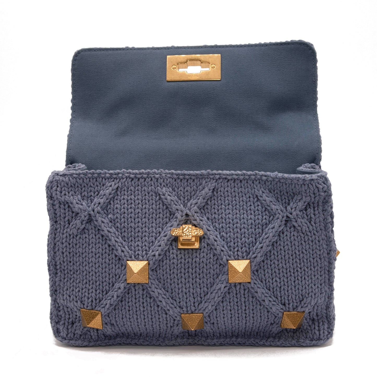 NEW Valentino Roman Stud Knit Cotton Shoulder Bag Blue Chain