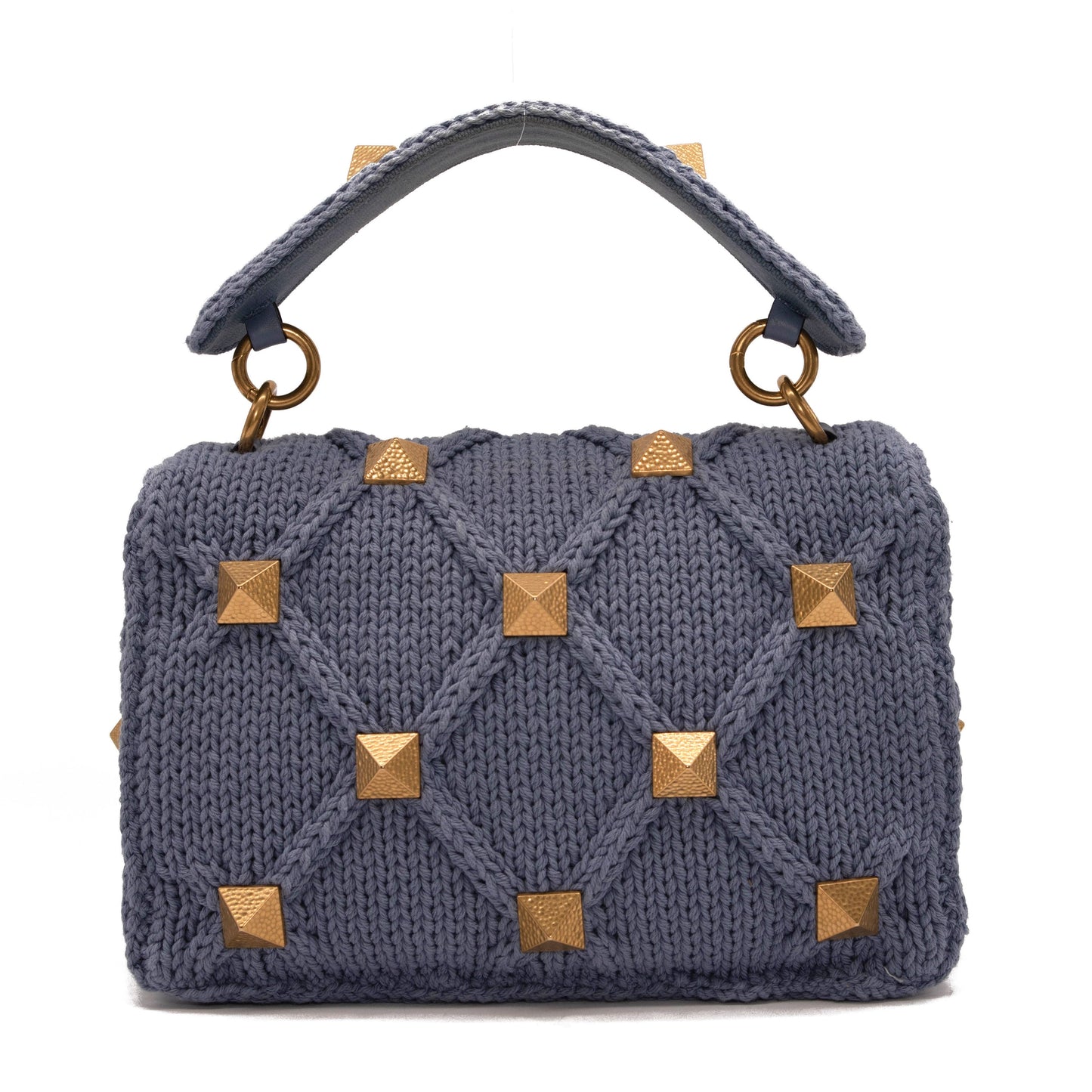 NEW Valentino Roman Stud Knit Cotton Shoulder Bag Blue Chain