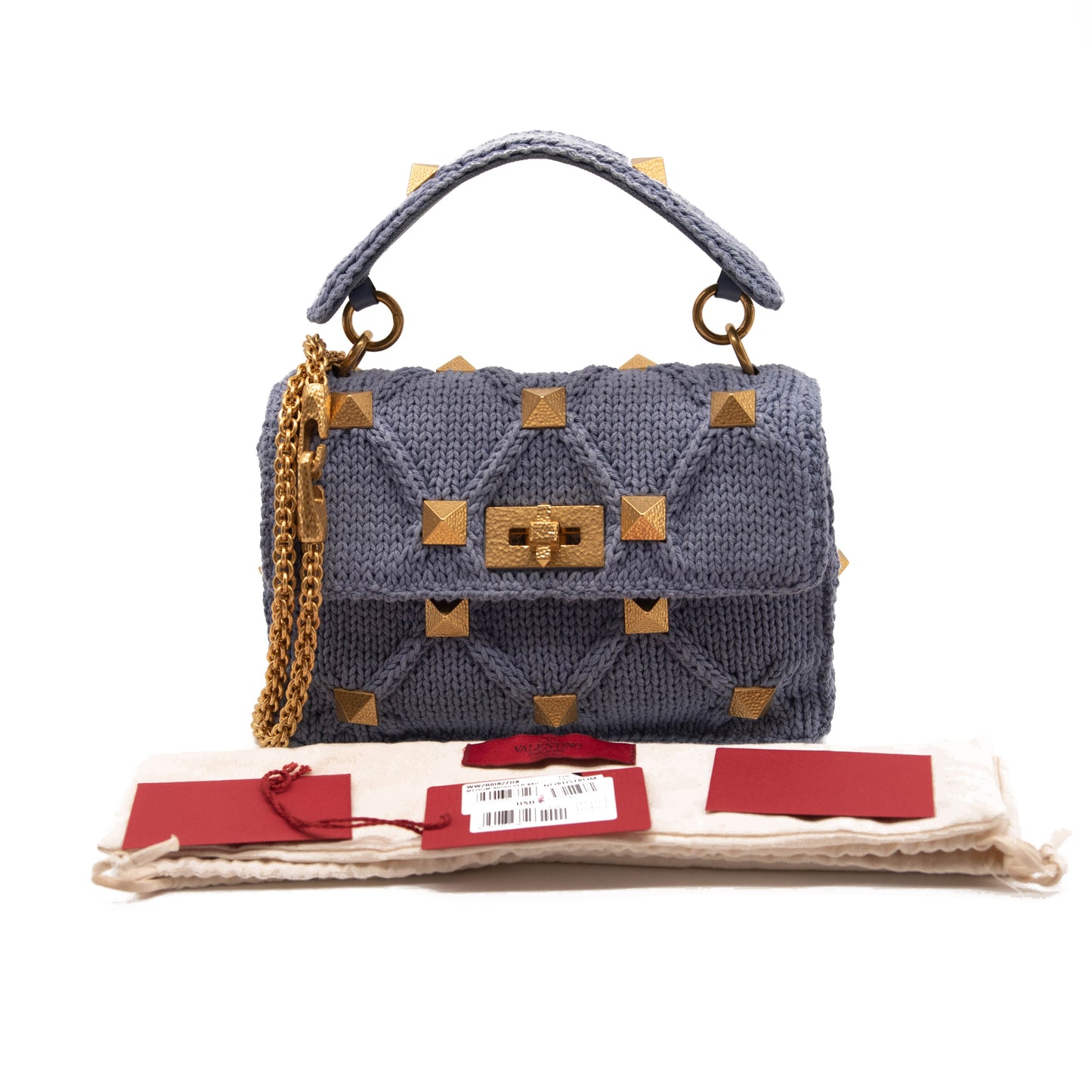 NEW Valentino Roman Stud Knit Cotton Shoulder Bag Blue Chain