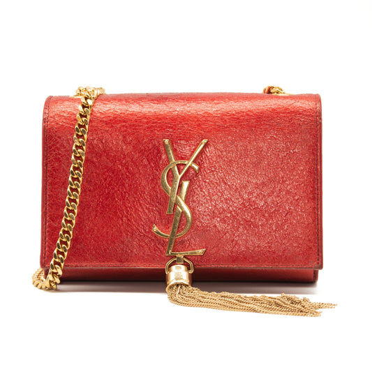 USED Saint Laurent Small Classic Monogram Kate Tassel Satchel Red Metallic