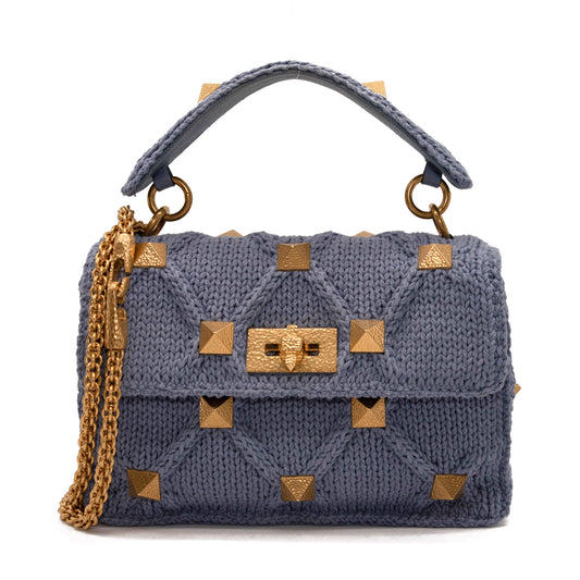 NEW Valentino Roman Stud Knit Cotton Shoulder Bag Blue Chain