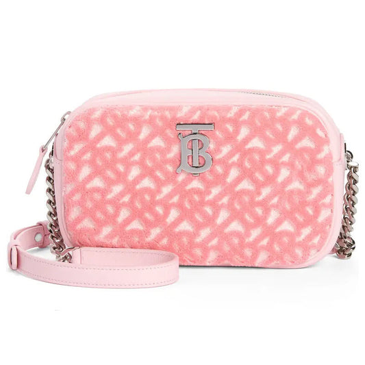 NEW $1550 Burberry Mini Lola TB Monogram Toweling Camera Crossbody Bag Pink