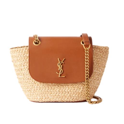 Saint Laurent Panier mini leather-trimmed raffia shoulder bag