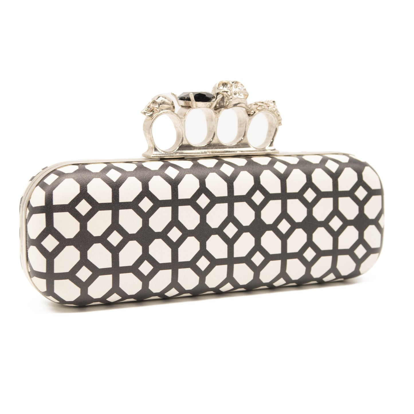 Alexander McQueen White/Black Patent Leather Skull Knuckle Clutch Box