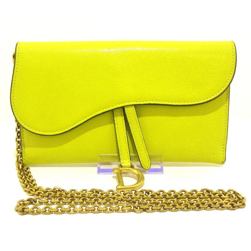 CHRISTIAN DIOR Yellow Grained Calfskin Saddle Chain Wallet Pouch