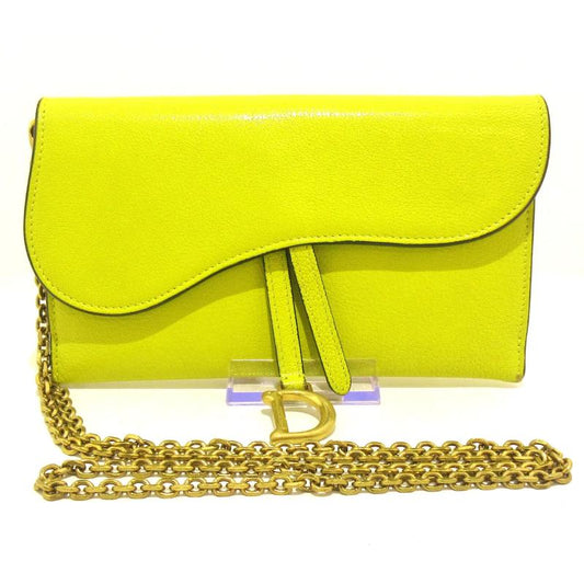 CHRISTIAN DIOR Yellow Grained Calfskin Saddle Chain Wallet Pouch