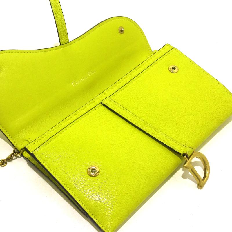 CHRISTIAN DIOR Yellow Grained Calfskin Saddle Chain Wallet Pouch