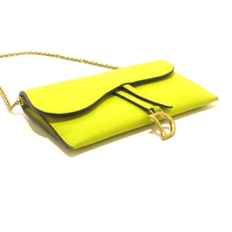 CHRISTIAN DIOR Yellow Grained Calfskin Saddle Chain Wallet Pouch