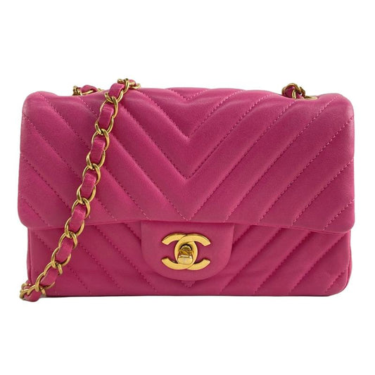 PRE-ORDER  Chanel  Lambskin Chevron Quilted Mini Rectangular Flap Dark Pink 21*