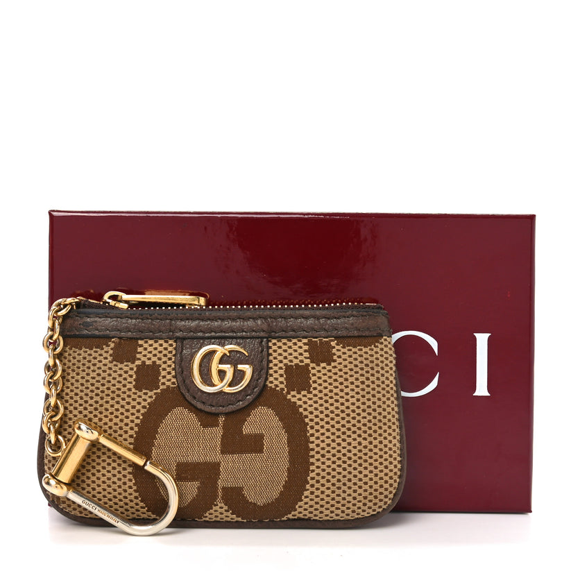 $450 Gucci Monogram Jumbo GG Textured Dollar Calfskin Ophidia Key Case Camel Ebony New Acero