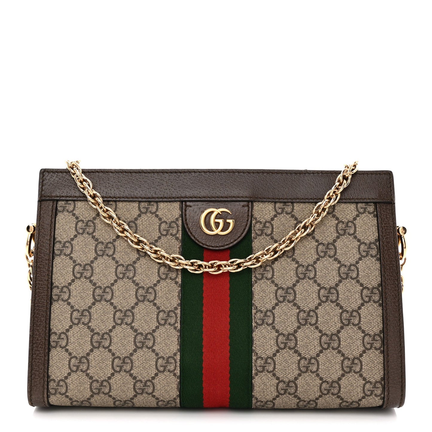 $2050 CONSIGNMENT GUCCI GG Supreme Monogram Web Small Ophidia Chain Shoulder Bag Brown