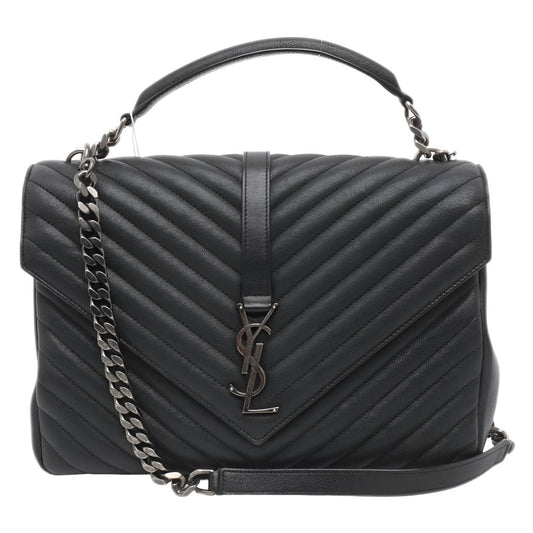 SAINT LAURENT Sheepskin Matelasse Chevron Monogram Large College Satchel Black