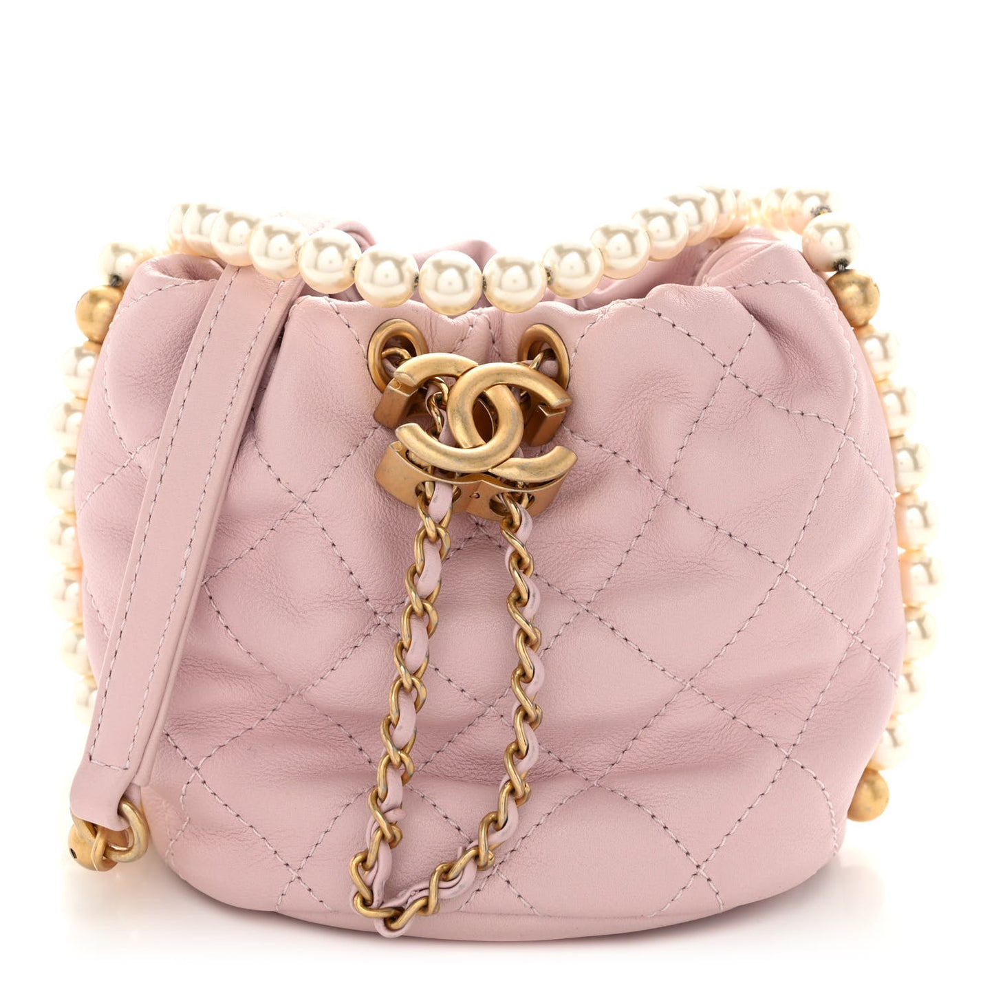 Pre-Order Chanel Calfskin Quilted Pearl Mini About Pearls Drawstring Bucket Light Pink