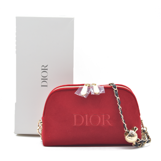 Christian Dior Cosmetic Gold Zipper Makeup Bag Pouch Clutch Red Velvet Modified