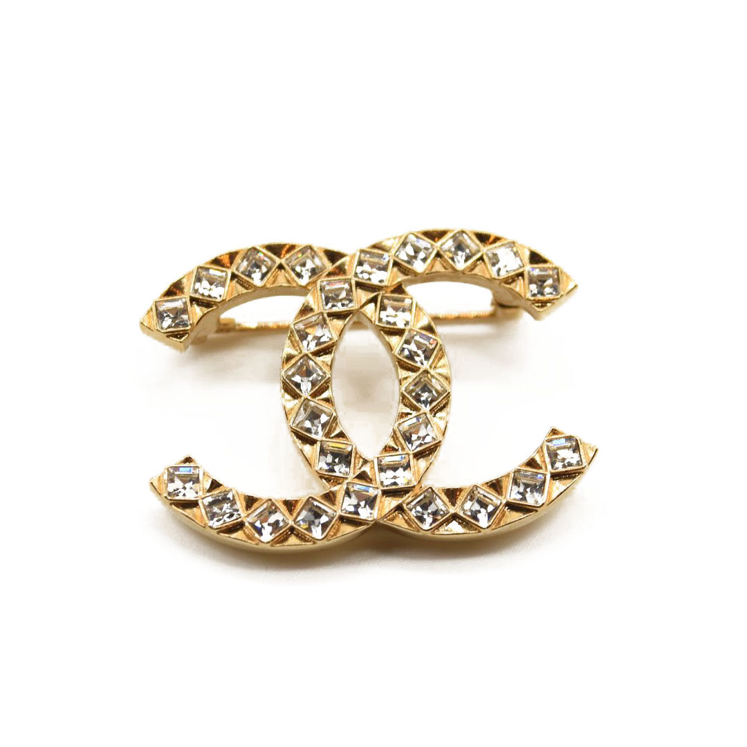 CHANEL Large Gold & Crystal CC Brooch