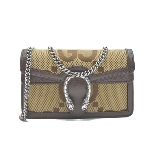 $1290 GUCCI Monogram Jumbo GG Textured Dollar Calfskin Super Mini Dionysus Shoulder Bag Camel Ebony