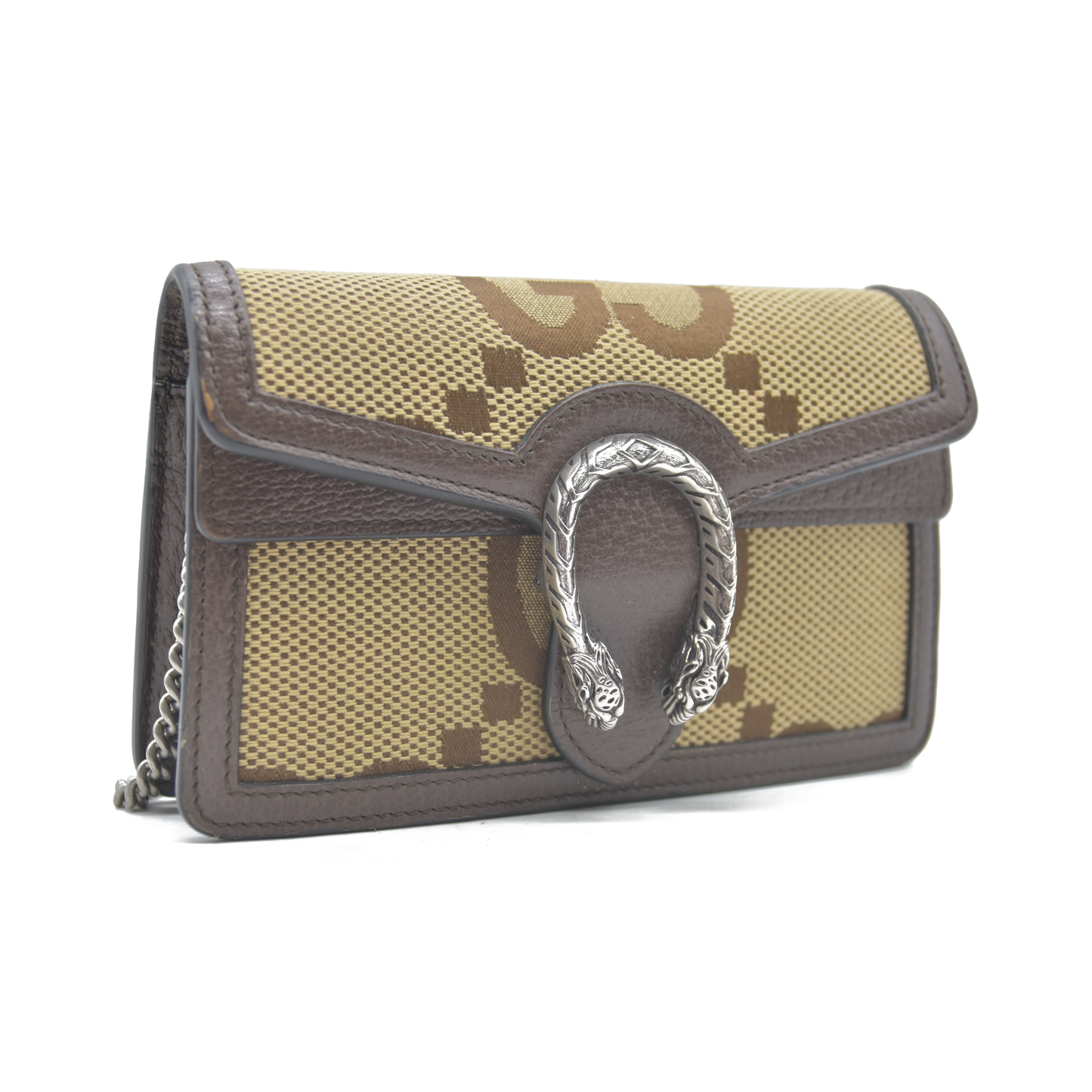 $1290 GUCCI Monogram Jumbo GG Textured Dollar Calfskin Super Mini Dionysus Shoulder Bag Camel Ebony